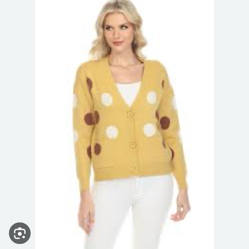 Alison Sheri mustard cardigan with polka dots